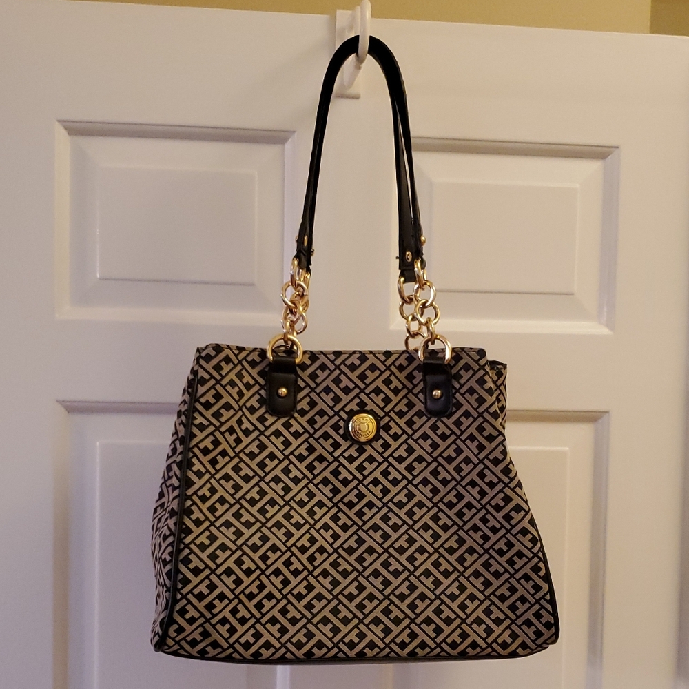 Tommy Hilfiger Signature Logo Shopper Tote - Black and Tan